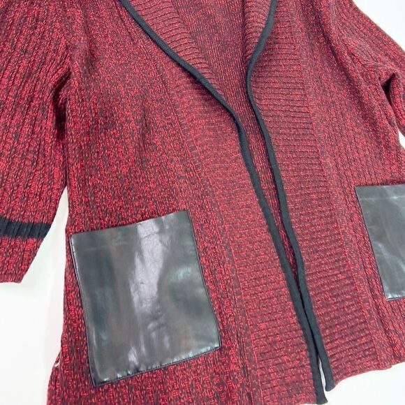 Ming Wang Cardigan Sweater Womens PL Red Open Front Faux Leather Pockets Knitted - Picture 3 of 11